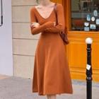 Long-sleeve V-neck Plain Slim Fit Knit Dress