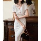 Short-sleeve V-neck Side-slit Sheath Dress