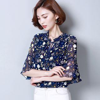 Elbow-sleeve Floral Print Crewneck Chiffon Frill Slim Top