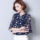 Elbow-sleeve Floral Print Crewneck Chiffon Frill Slim Top