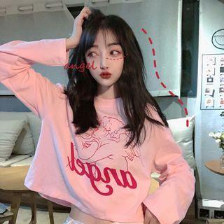 Angel Print Long-sleeve Cropped T-shirt