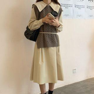 Long-sleeve Collar Midi A-line Dress / Knit Vest
