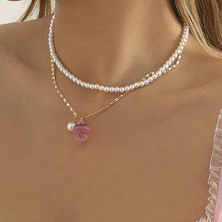 Set: Peach Pendant Alloy Necklace + Faux Pearl Choker 3317 - Set Of 2 - Gold - One Size