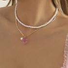 Set: Peach Pendant Alloy Necklace + Faux Pearl Choker 3317 - Set Of 2 - Gold - One Size