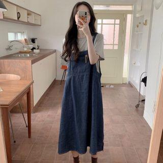 Plain Short-sleeve T-shirt / Denim Midi Overall Dress