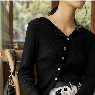 Long-sleeve Button Knit Top Black - One Size