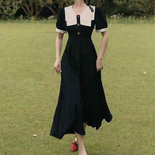 Puff-sleeve Bow Collar Midi A-line Dress