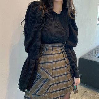 Ribbed Puff-sleeve Knit Top Black - One Size