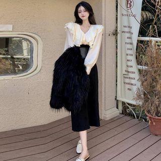 Puff-sleeve Ruffled Blouse / Midi Pencil Skirt / Set