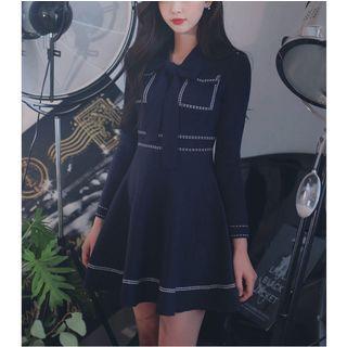 Stitched Long-sleeve A-line Knit Dress