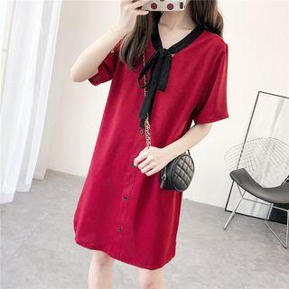 Ribbon-neckline Chiffon Shirtdress