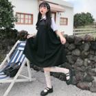 Short-sleeve Bow Tie Blouse / Pleated Pinafore Dress