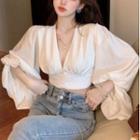 V-neck Button-up Puff-sleeve Blouse