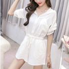 Plain Elbow-sleeve Hooded Playsuit