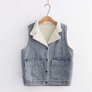 Fleece-lined Washed Denim Button Vest