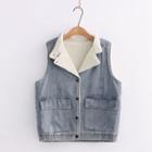 Fleece-lined Washed Denim Button Vest