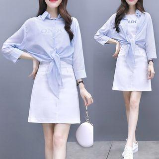 Set: Striped Shirt + Short-sleeve T-shirt + A-line Mini Skirt