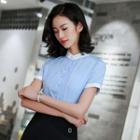 Panel Stand-collar Short-sleeve Blouse
