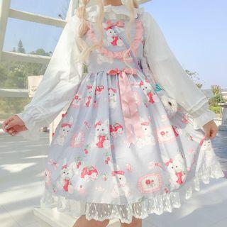 Ruffle Trim Blouse / Cartoon Print Sleeveless A-line Dress