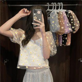 Puff-sleeve Mock Two-piece Flower Print T-shirt