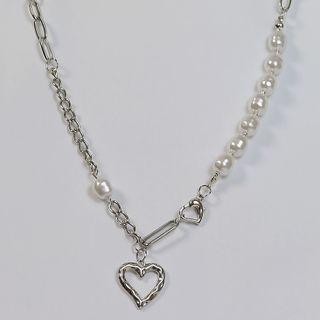 Faux Pearl Heart Chain Necklace Silver - One Size