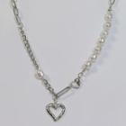 Faux Pearl Heart Chain Necklace Silver - One Size