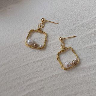 Faux Pearl Square Alloy Dangle Earring A167 - 1 Pair - Gold - One Size