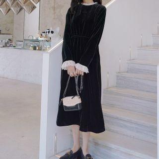 Long-sleeve Lace Trim Panel Velvet Midi Dress