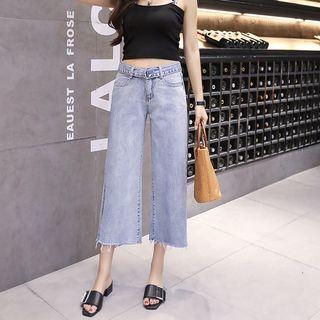 Washed Slit Cropped Wide-leg Jeans