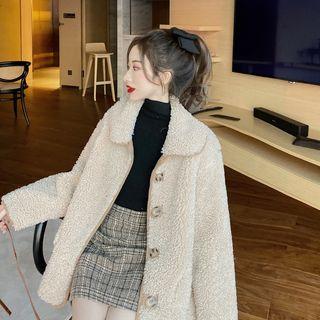 Fleece Loose-fit Coat / Plain Turtle-neck Top / Plaid Skirt