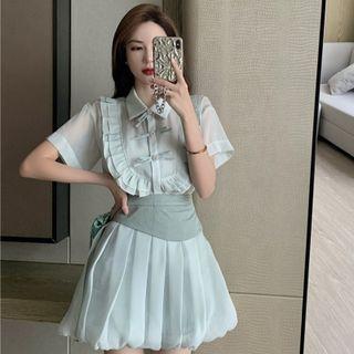 Short-sleeve Collared Ruffle Trim Plain Blouse / High-waist Plain Pleated Skirt