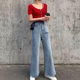Buttoned Short-sleeve T-shirt / Wide Leg Jeans