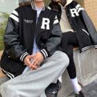 R Embroidered Faux Leather Panel Baseball Jacket