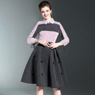 Set: Striped Panel Blouse + Embroidered A-line Skirt