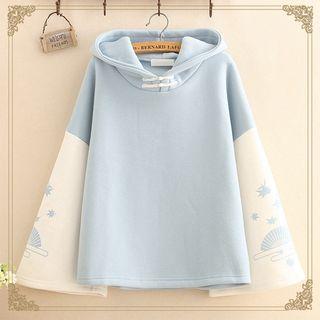 Frog-button Printed Color-block Sleeve Hoodie