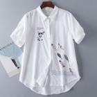 Short-sleeve Fish Embroidered Shirt As Shown In Figure - One Size