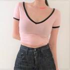 Short-sleeve Contrast Trim T-shirt Pink - One Size