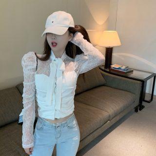 Long-sleeve Tie-neck Lace Blouse White - One Size