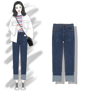 Mock Two-piece Straight-fit Cropped Jeans