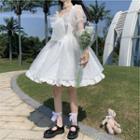 Short-sleeve Mesh Panel Bow Accent Mini A-line Dress