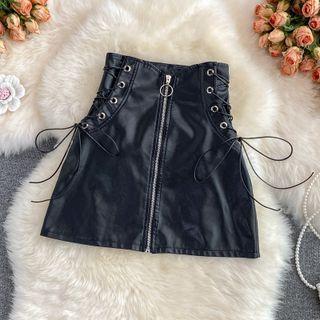 High Waist Lace Up Faux Leather Mini Skirt