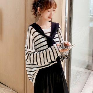 Set: Striped Knit Top With Shawl + Sweatpants