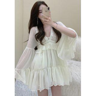 Layered Ruffled-trim V-neck Mini Dress / Camisole