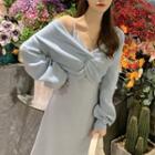 Twisted Cardigan / Spaghetti-strap Midi A-line Dress