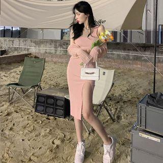Side-slit Skinny Midi Tank Dress / Light Cardigan
