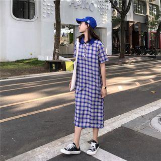 Short-sleeve Plaid Midi Polo Shirt Dress