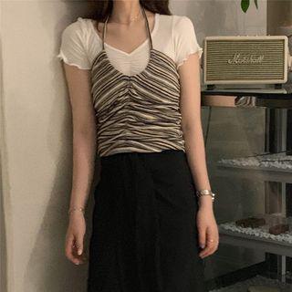 Set: Short-sleeve T-shirt + Striped Halter Top Set Of 2 - As Shown In Figure - One Size