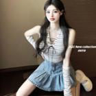 Sleeveless Striped Top / Denim A-line Skirt