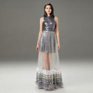 Halter-neck Sequined Midi A-line Mesh Dress