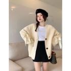 V-neck Bow-accent Loose-fit Cardigan Almond - One Size